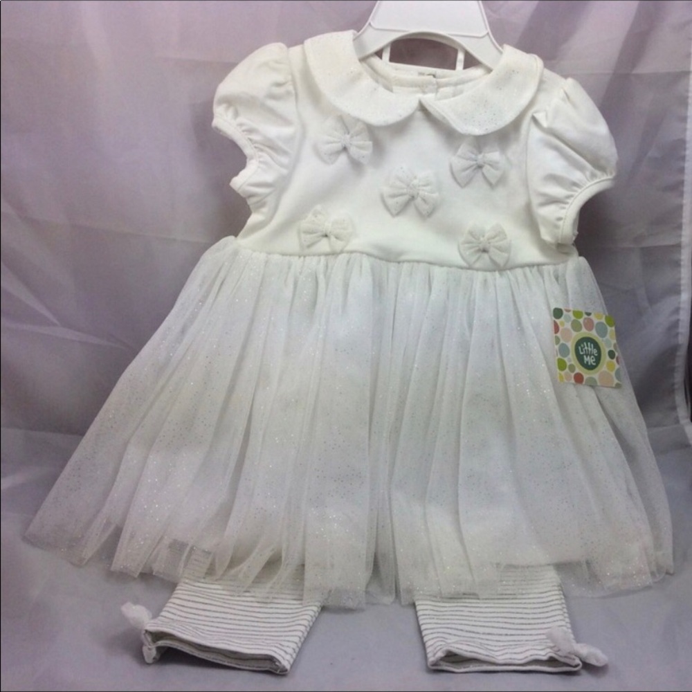 Little Me White Dress and Leggins 12m